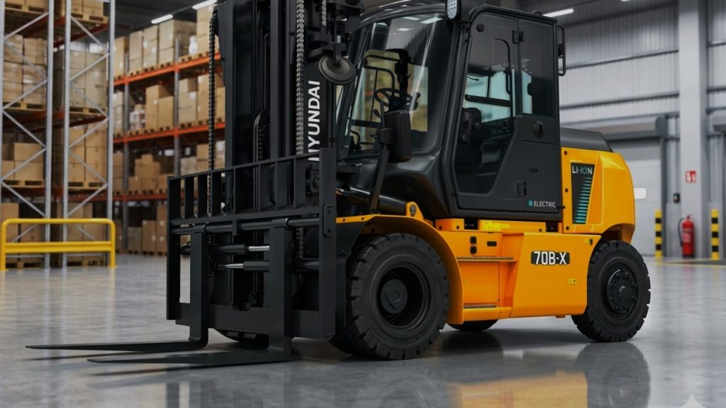 Hyundai 70B-X lithium-ion electric forklift in a warehouse setting