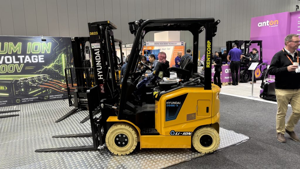 Hyundai 20BE-X lithium-ion electric counterbalance forklift on display at CeMAT 2026.