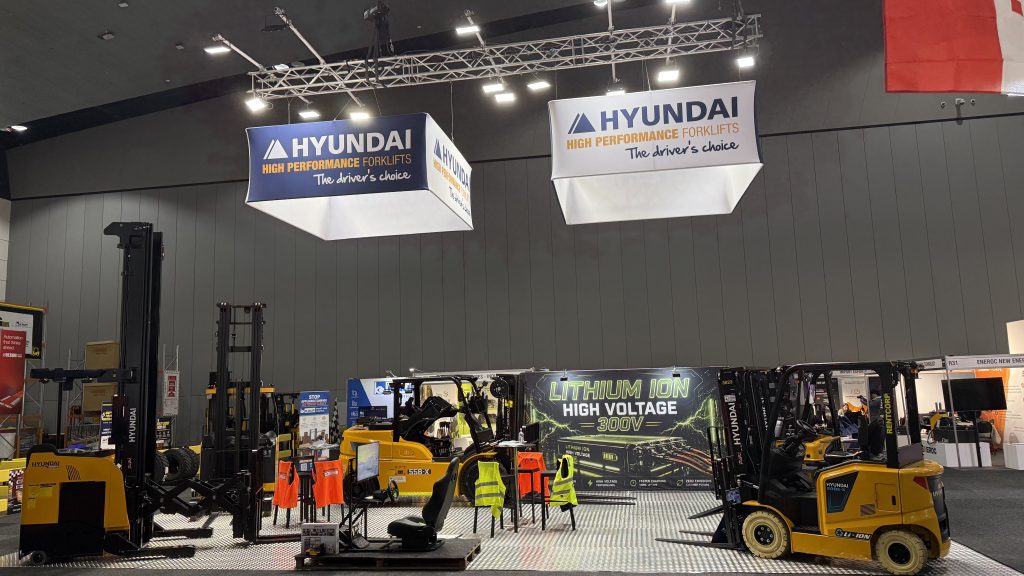 Hyundai High Performance Forklifts stand at CeMAT 2026 showing the B-X Series electric forklift line-up.