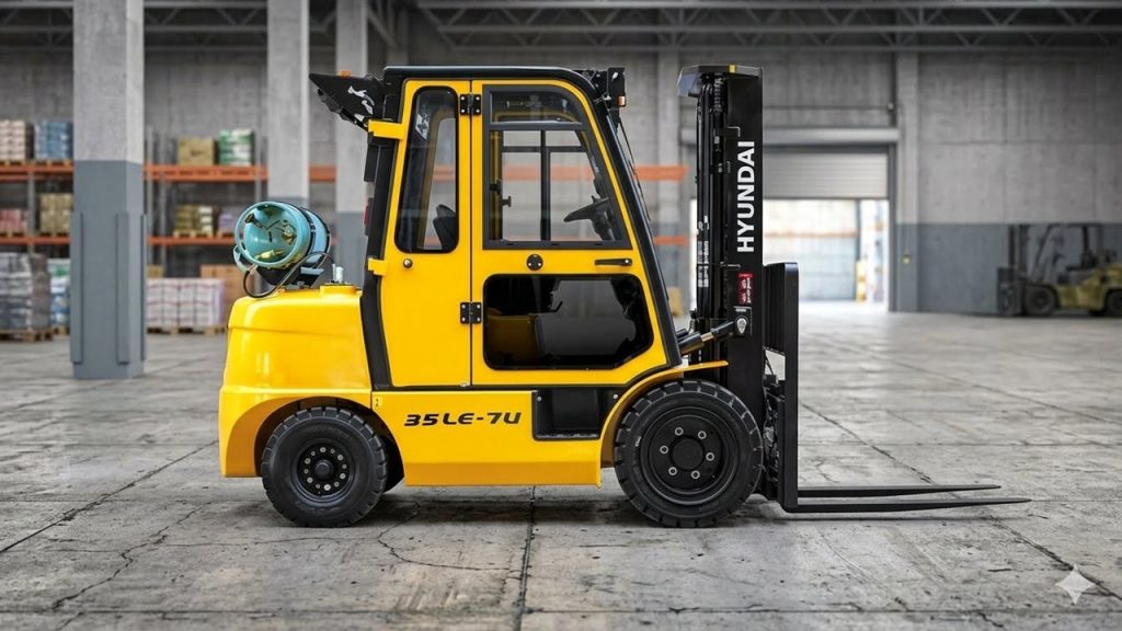 Hyundai 25LE-7U LPG forklift in a warehouse setting, side profile view