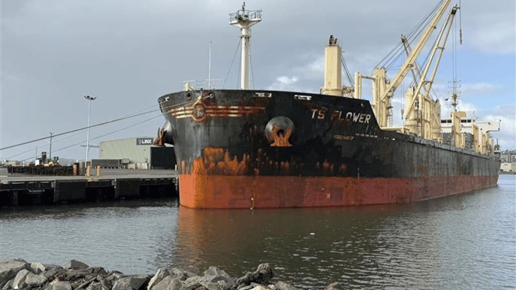 Geared bulk carrier with its own deck cranes alongside at an Australian port for ship hold unloading