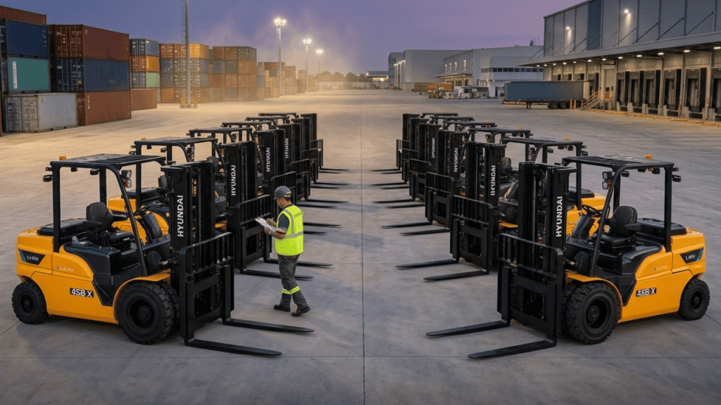 Warehouse manager reviewing a Hyundai forklift fleet in a yard during a new financial year fleet planning check